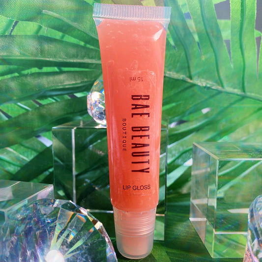 Peach vegan lip gloss with black clear label 15 ml bae beauty boutique clear gloss lip shine avocado oil paraben free black owned business make up company