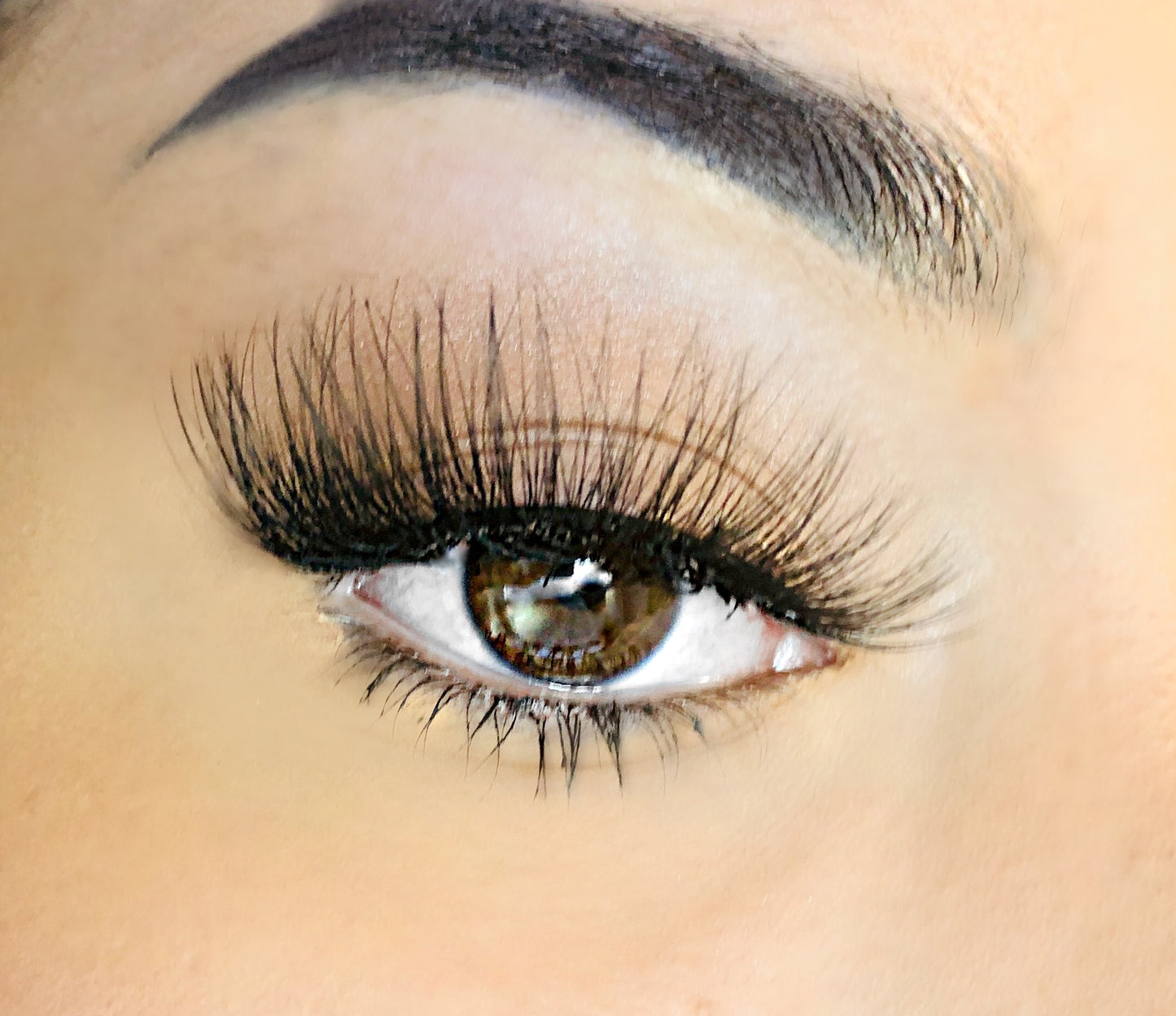Eye with lashes on showing the length of the lashes on medium skin tone with hazel eyes.